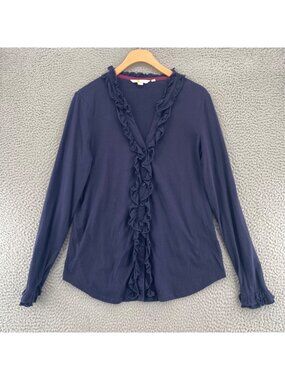 Boden Top Womens 10 Navy Stretch Knit Ruffled Split Neck Button Up Long Sleeves*